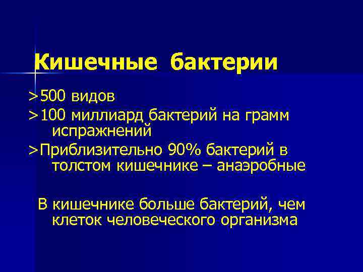 Кишечные бактерии >500 видов >100 миллиард бактерий на грамм испражнений >Приблизительно 90% бактерий в