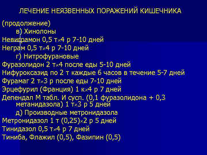 ЛЕЧЕНИЕ НЕЯЗВЕННЫХ ПОРАЖЕНИЙ КИШЕЧНИКА (продолжение) в) Хинолоны Невиграмон 0, 5 т× 4 р 7