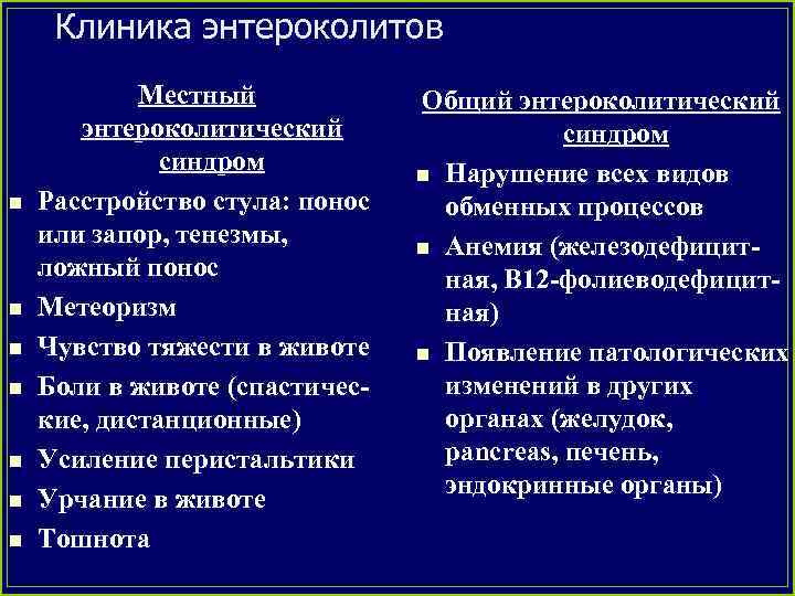 Клиника энтероколитов n n n n Местный энтероколитический синдром Расстройство стула: понос или запор,