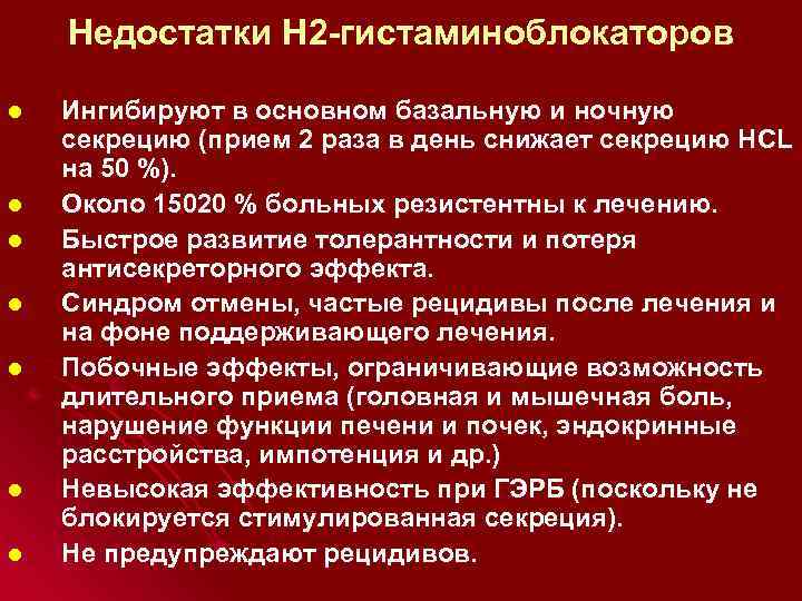 Недостатки Н 2 -гистаминоблокаторов l l l l Ингибируют в основном базальную и ночную