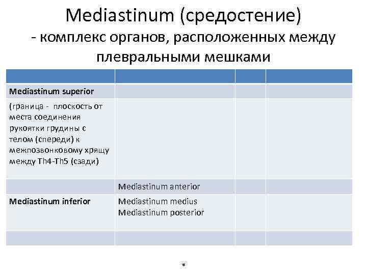 Mediastinum (средостение) - комплекс органов, расположенных между плевральными мешками Mediastinum superior (граница - плоскость