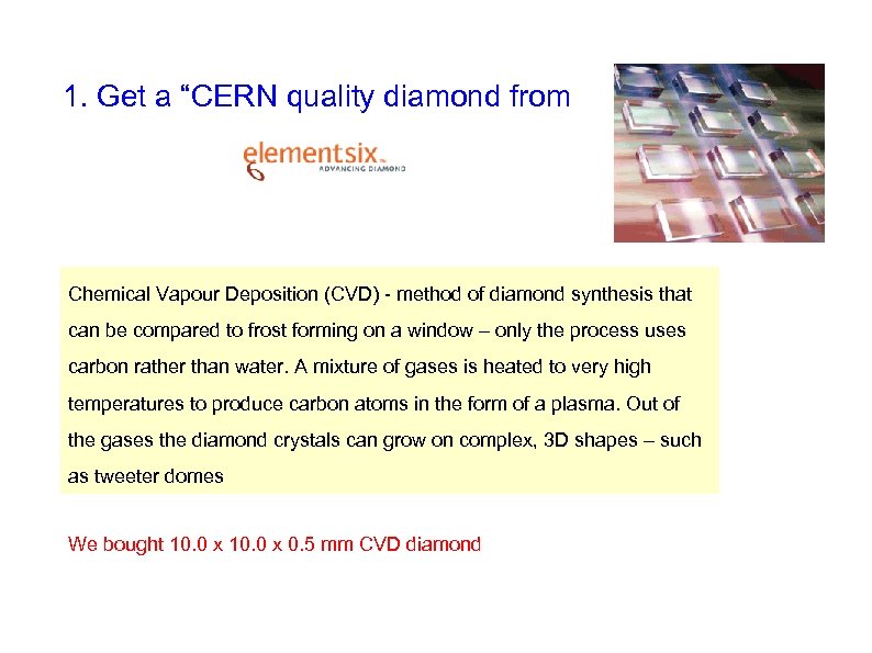 1. Get a “CERN quality diamond from Chemical Vapour Deposition (CVD) - method of