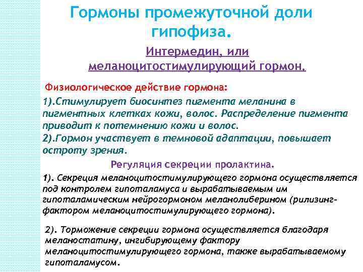 Гормоны промежуточной доли гипофиза. Интермедин, или меланоцитостимулирующий гормон. Физиологическое действие гормона: 1). Стимулирует биосинтез