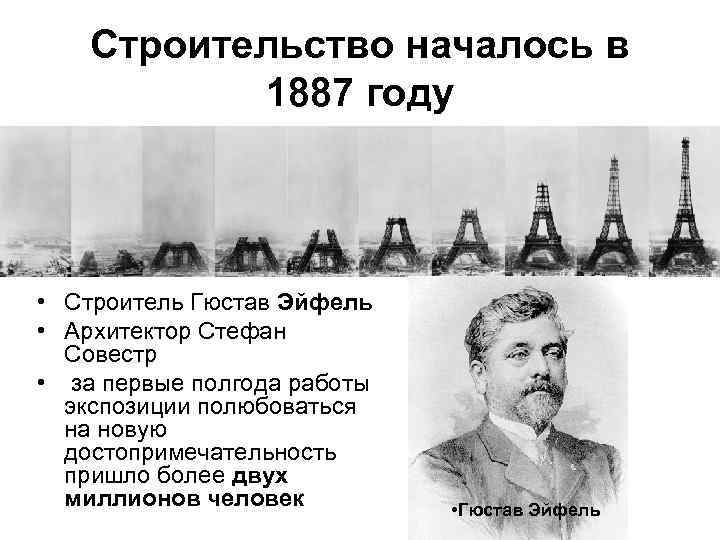 Строительство началось в 1887 году • Строитель Гюстав Эйфель • Архитектор Стефан Совестр •