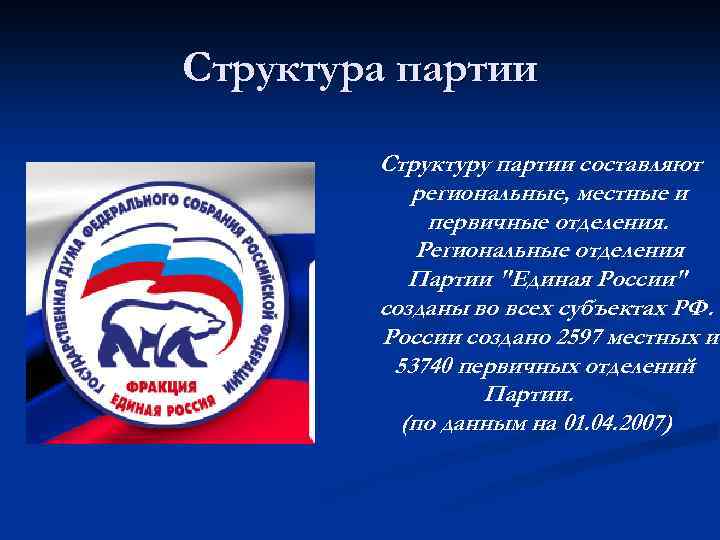 Структура партии Структуру партии составляют региональные, местные и первичные отделения. Региональные отделения Партии 