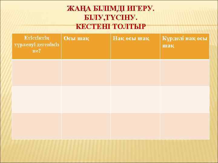 ЖАҢА БІЛІМДІ ИГЕРУ. БІЛУ, ТҮСІНУ. КЕСТЕНІ ТОЛТЫР Етістіктің Осы шақ түрленуі дегеніміз не? Нақ