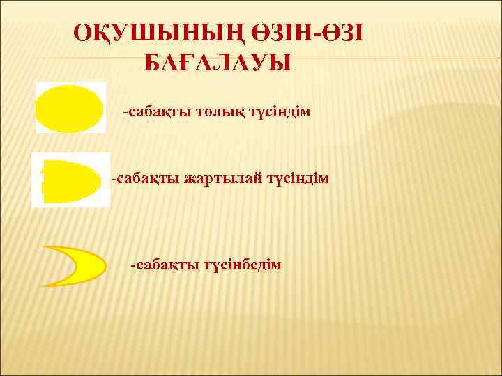 ОҚУШЫНЫҢ ӨЗІН-ӨЗІ БАҒАЛАУЫ -сабақты толық түсіндім -сабақты жартылай түсіндім -сабақты түсінбедім 