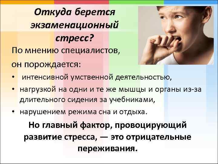 Откуда берется экзаменационный стресс? По мнению специалистов, он порождается: • интенсивной умственной деятельностью, •
