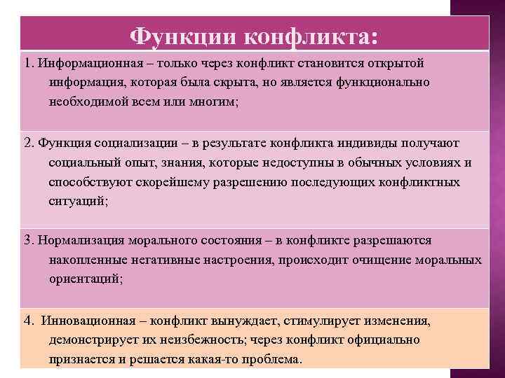 Функции конфликта: 1. Информационная – только через конфликт становится открытой информация, которая была скрыта,