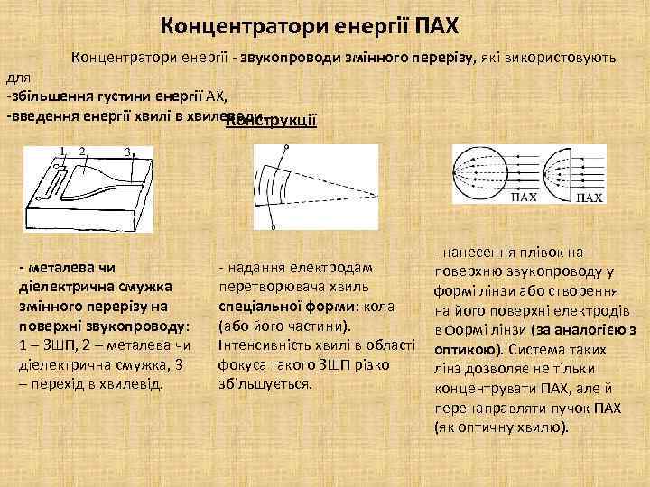 Концентратори енергії ПАХ Концентратори енергії - звукопроводи змінного перерізу, які використовують для -збільшення густини