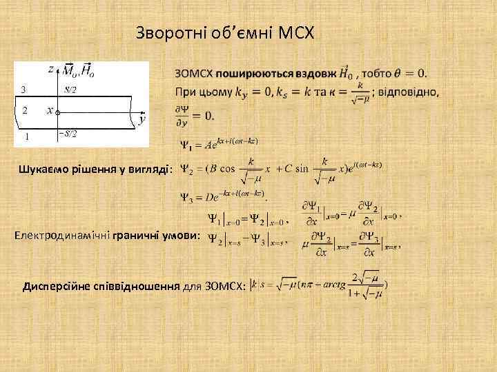 Зворотні об’ємні МСХ Шукаємо рішення у вигляді: Електродинамічні граничні умови: Дисперсійне співвідношення для ЗОМСХ: