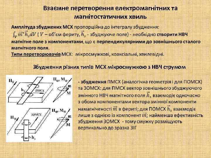 Взаємне перетворення електромагнітних та магнітостатичних хвиль Збудження різних типів МСХ мікросмужкою з НВЧ струмом