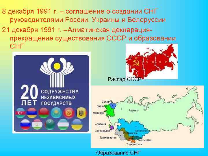 8 декабря 1991 г. – соглашение о создании СНГ руководителями России, Украины и Белоруссии