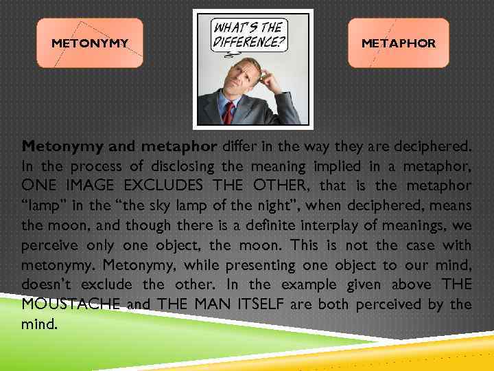 METONYMY METAPHOR Metonymy and metaphor differ in the way they are deciphered. In the