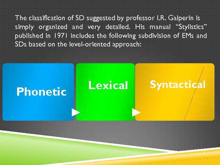The classification of SD suggested by professor I. R. Galperin is simply organized and