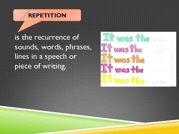 REPETITION is the recurrence of sounds, words, phrases, lines in a speech or piece