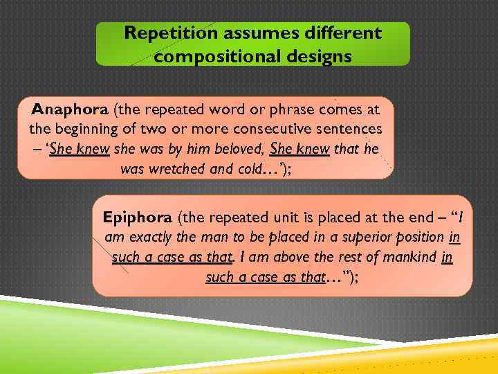 Repetition assumes different : compositional designs Anaphora (the repeated word or phrase comes at