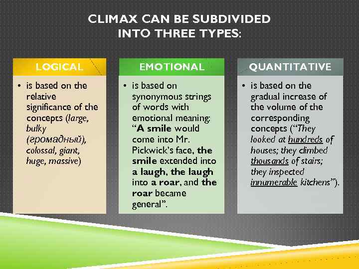 CLIMAX CAN BE SUBDIVIDED INTO THREE TYPES: LOGICAL EMOTIONAL QUANTITATIVE • is based on