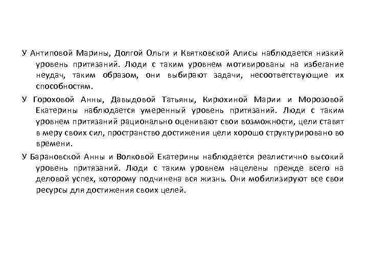 У Антиповой Марины, Долгой Ольги и Квятковской Алисы наблюдается низкий уровень притязаний. Люди с