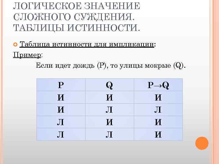 ЛОГИЧЕСКОЕ ЗНАЧЕНИЕ СЛОЖНОГО СУЖДЕНИЯ. ТАБЛИЦЫ ИСТИННОСТИ. Таблица истинности для импликации: Пример: Если идет дождь