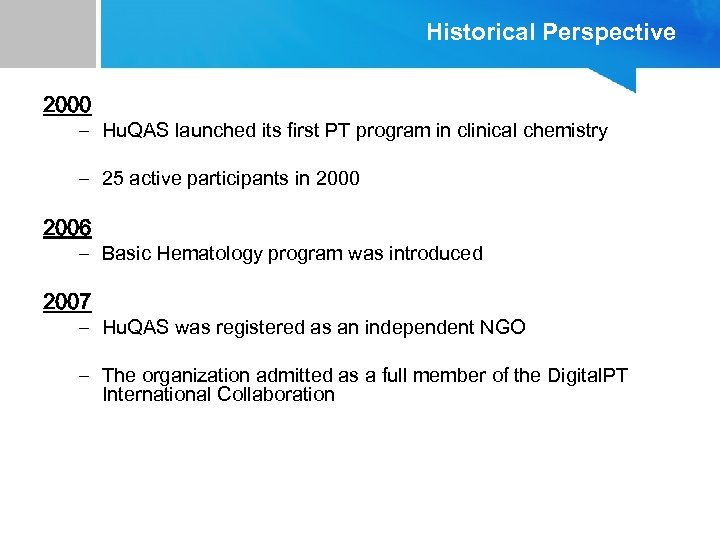 Historical Perspective 2000 – Hu. QAS launched its first PT program in clinical chemistry