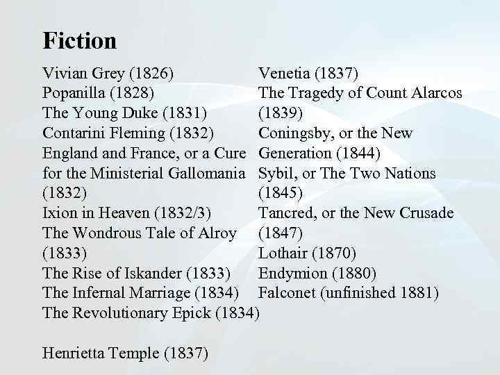 Fiction Venetia (1837) Vivian Grey (1826) The Tragedy of Count Alarcos Popanilla (1828) (1839)