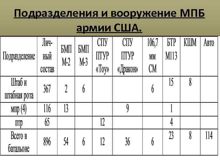 Подразделения и вооружение МПБ армии США. 
