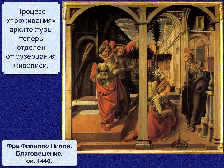 Процесс «проживания» архитектуры теперь отделен от созерцания живописи. Фра Филиппо Липпи. Благовещение, ок. 1440.
