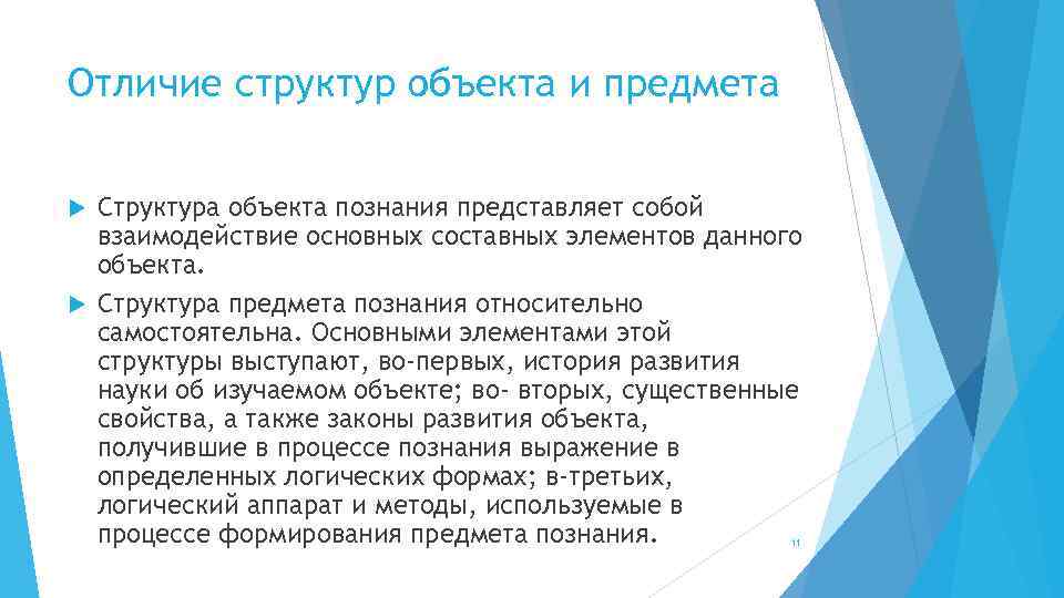 Отличие структур объекта и предмета Структура объекта познания представляет собой взаимодействие основных составных элементов