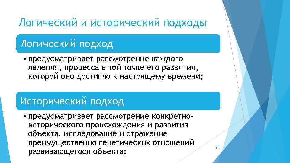 Логический и исторический подходы Логический подход • предусматривает рассмотрение каждого явления, процесса в той