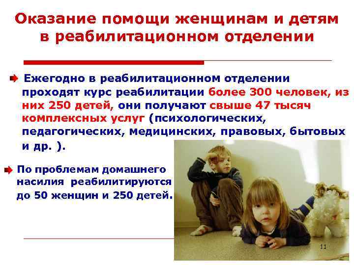 Оказание помощи женщинам и детям в реабилитационном отделении Ежегодно в реабилитационном отделении проходят курс