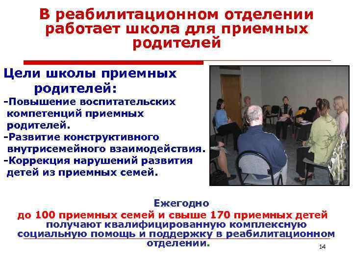В реабилитационном отделении работает школа для приемных родителей Цели школы приемных родителей: -Повышение воспитательских