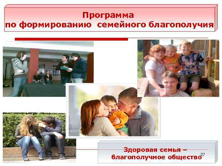 Программа по формированию семейного благополучия Здоровая семья – 27 благополучное общество 
