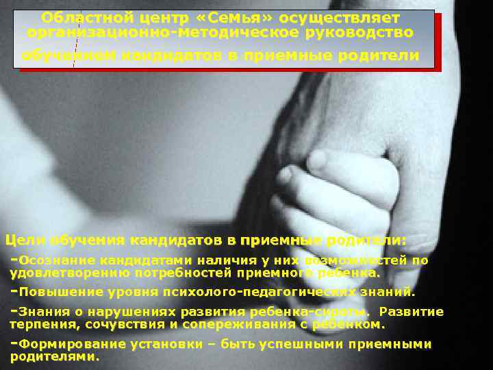 Областной центр «Семья» осуществляет организационно-методическое руководство обучением кандидатов в приемные родители Цели обучения кандидатов