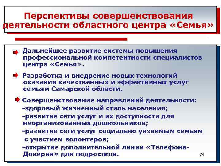 Перспективы совершенствования деятельности областного центра «Семья» Дальнейшее развитие системы повышения профессиональной компетентности специалистов центра