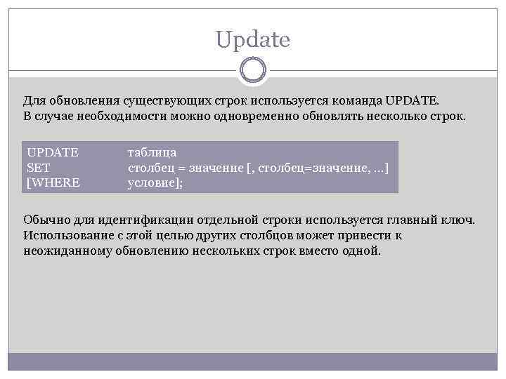 Update Для обновления существующих строк используется команда UPDATE. В случае необходимости можно одновременно обновлять