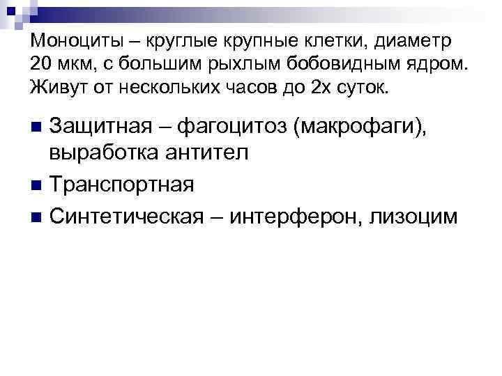 Моноциты – круглые крупные клетки, диаметр 20 мкм, с большим рыхлым бобовидным ядром. Живут