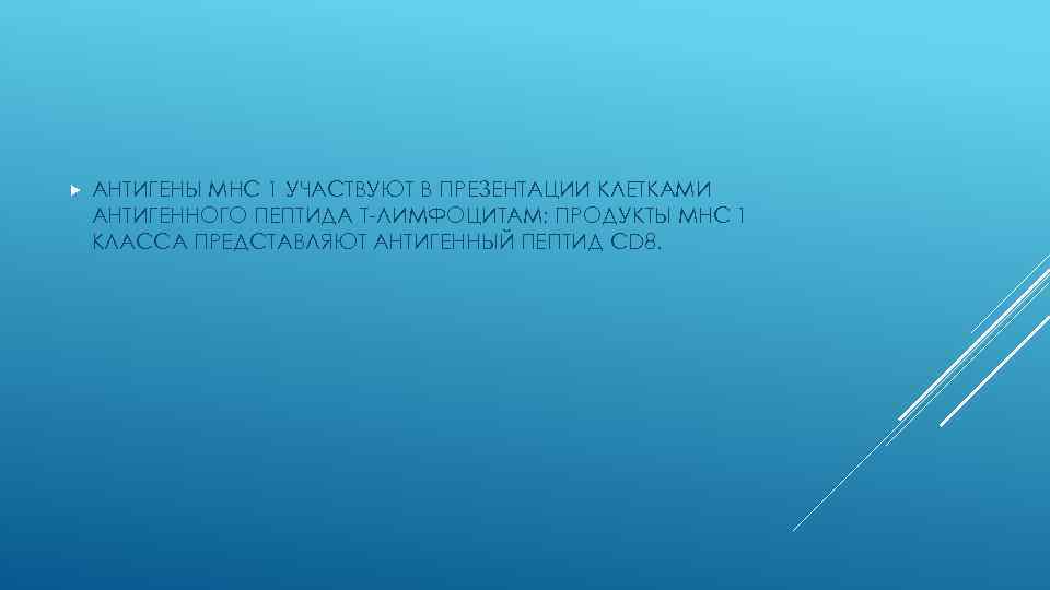  АНТИГЕНЫ МНС 1 УЧАСТВУЮТ В ПРЕЗЕНТАЦИИ КЛЕТКАМИ АНТИГЕННОГО ПЕПТИДА Т-ЛИМФОЦИТАМ; ПРОДУКТЫ МНС 1