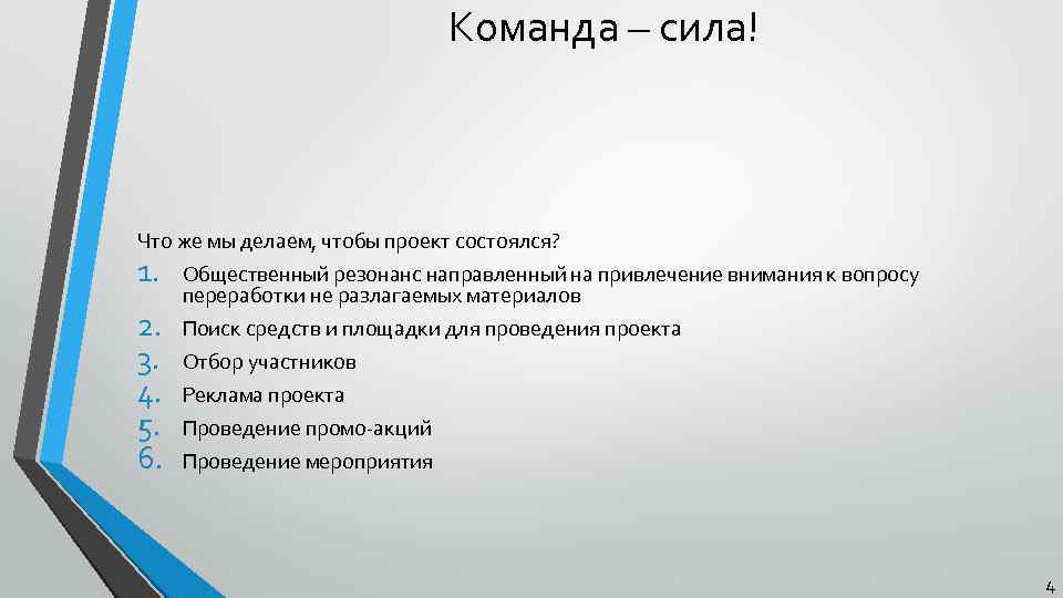 Команда – сила! Что же мы делаем, чтобы проект состоялся? 1. 2. 3. 4.