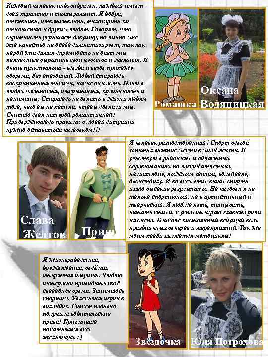 Каждый человек индивидуален, каждый имеет свой характер и темперамент. Я добра, отзывчива, ответственна, милосердна