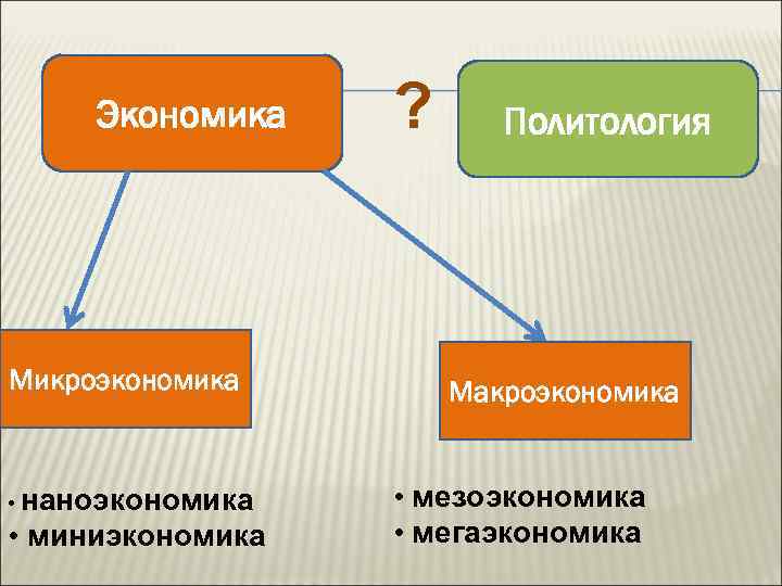 Экономика Микроэкономика • наноэкономика • миниэкономика ? Политология Макроэкономика • мезоэкономика • мегаэкономика 