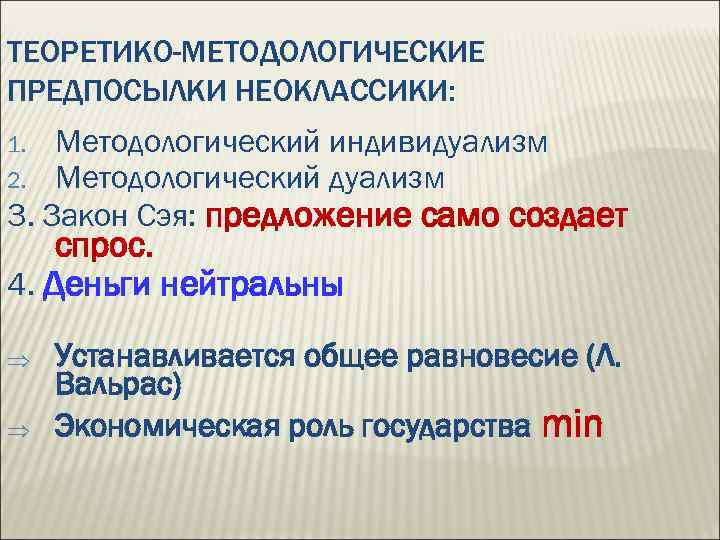 ТЕОРЕТИКО-МЕТОДОЛОГИЧЕСКИЕ ПРЕДПОСЫЛКИ НЕОКЛАССИКИ: Методологический индивидуализм 2. Методологический дуализм 3. Закон Сэя: предложение само создает