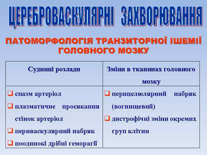 ПАТОМОРФОЛОГІЯ ТРАНЗИТОРНОЇ ІШЕМІЇ ГОЛОВНОГО МОЗКУ Судинні розлади Зміни в тканинах головного мозку q спазм