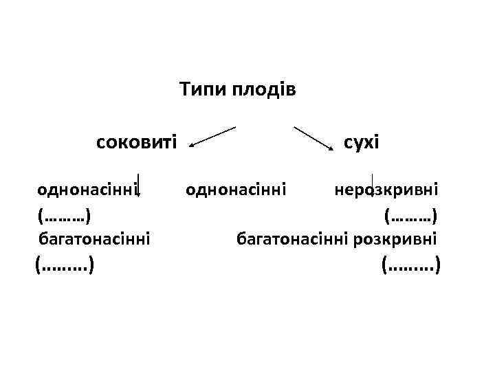 Типи плодів соковиті однонасінні (………) багатонасінні (………) сухі однонасінні нерозкривні (………) багатонасінні розкривні (………)