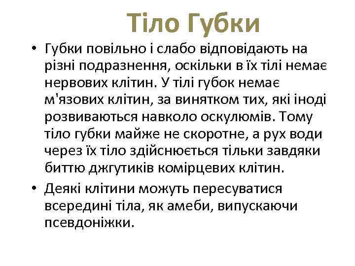  Тіло Губки • Губки повільно і слабо відповідають на різні подразнення, оскільки в