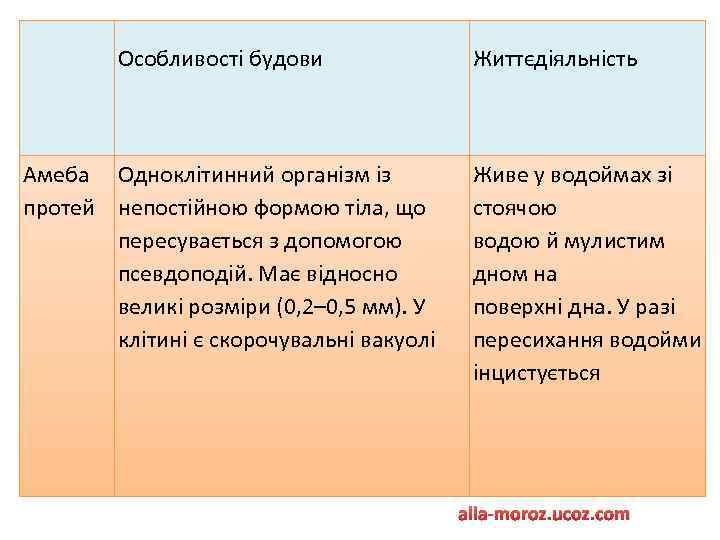 Особливості будови Амеба Одноклітинний організм із протей непостійною формою тіла, що пересувається з допомогою