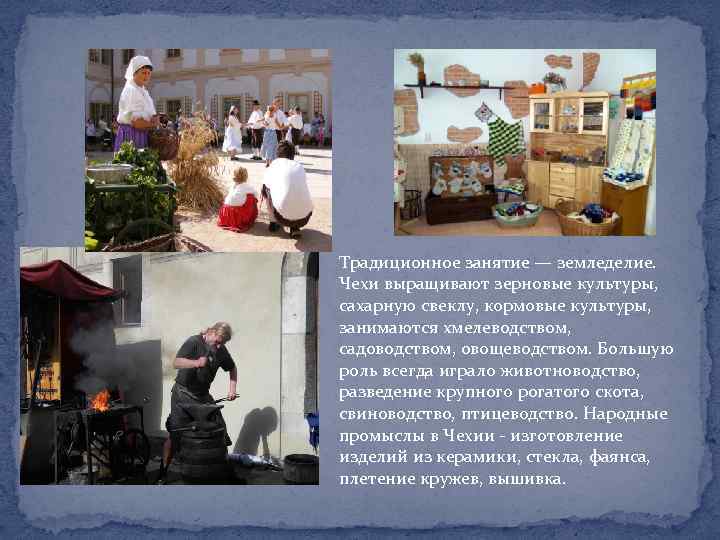 Традиционное занятие — земледелие. Чехи выращивают зерновые культуры, сахарную свеклу, кормовые культуры, занимаются хмелеводством,
