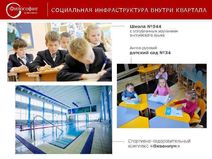 СОЦИАЛЬНАЯ ИНФРАСТРУКТУРА ВНУТРИ КВАРТАЛА Школа № 544 с углубленным изучением английского языка Англо-русский детский