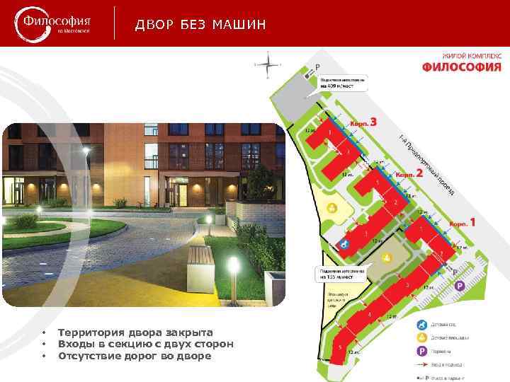 ДВОР БЕЗ МАШИН • • • Территория двора закрыта Входы в секцию с двух