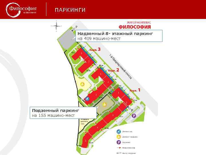 ПАРКИНГИ Надземный 8 - этажный паркинг на 409 машино-мест Подземный паркинг на 155 машино-мест